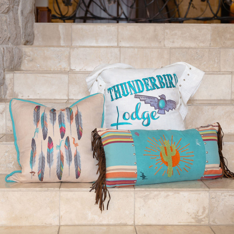 Turquoise Embroidered "Thunderbird Lodge" Linen Pillow, 18x18 Pillow