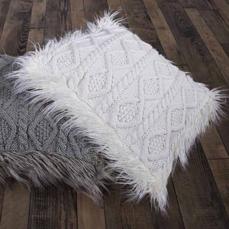 Nordic Cable Knit Mongolian Fur Throw Pillow