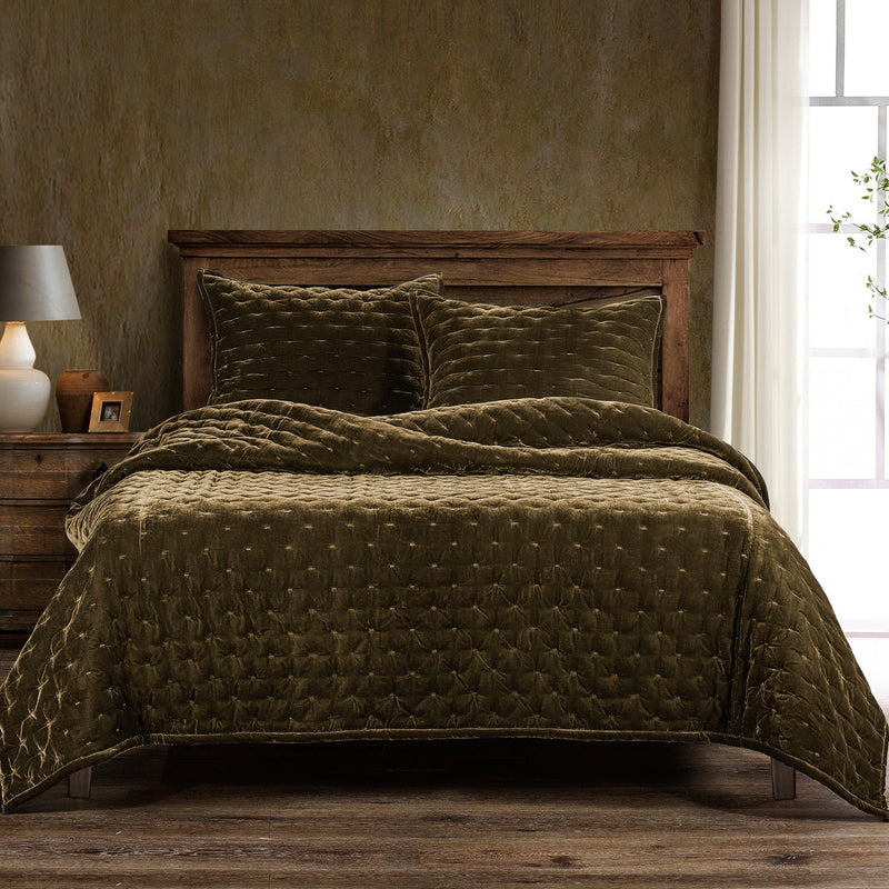 Stella Faux Silk Velvet Quilt Quilt Set / Queen / Green Ochre Quilt