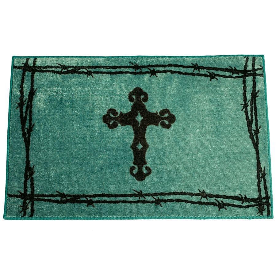 Cross w/ Barbwire Motif Kitchen/Bath Rug - Turquoise | HiEnd Accents