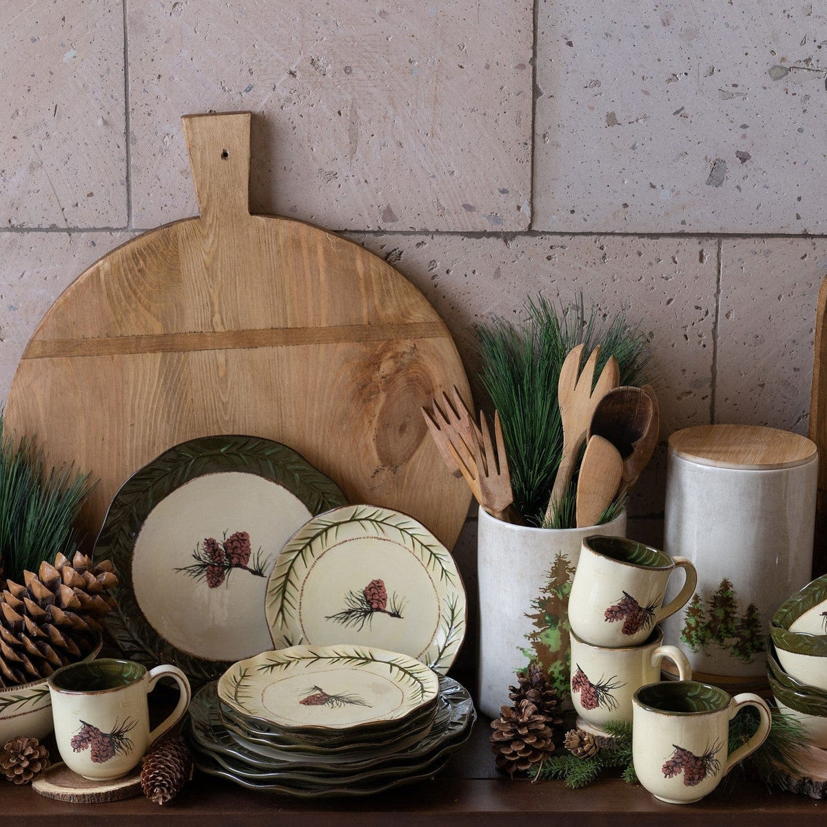 Rustic Cabin Dinner Plates Pine Cone 16PC Ceramic Dinnerware