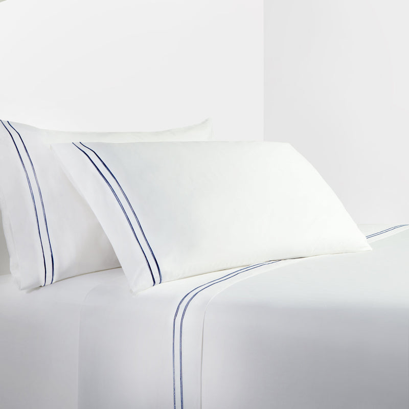 350 TC White Sheet Set With Navy Stripe Embroidery Sheet