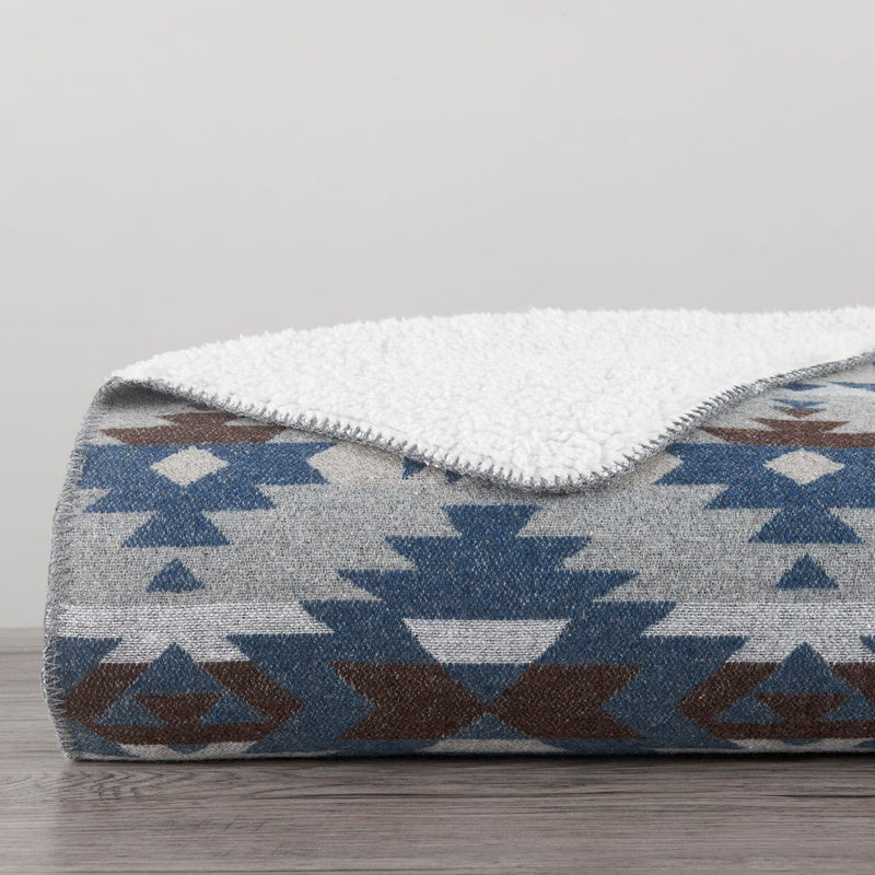 Aztec Design Throw With Shearling, 3 Colors, 50x60 Blue Throw