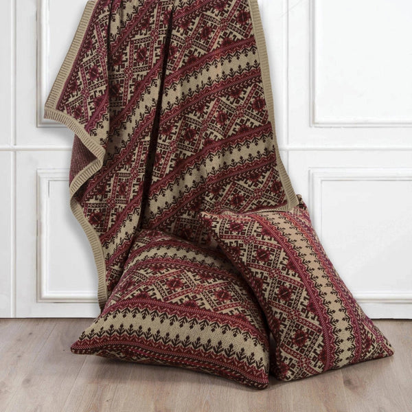 Fair Isle Red & Brown Knit Throw Blanket, 50x60 Throw