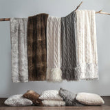 Nordic Cable Knit & Mongolian Fur Throw Blanket, 2 Colors, 50x80 Throw