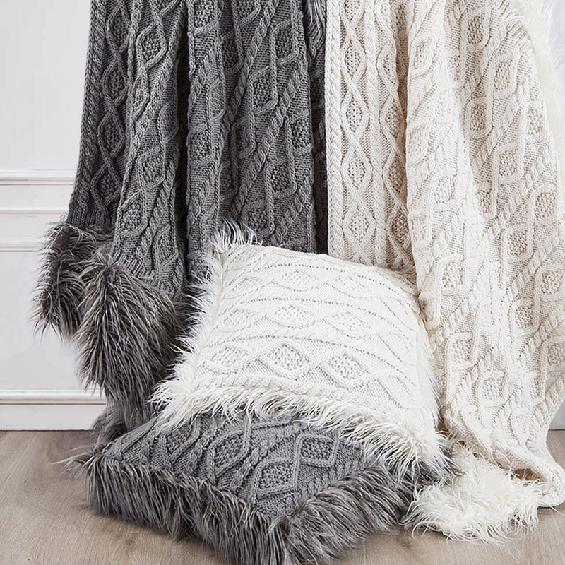 Nordic Cable Knit & Mongolian Fur Throw Blanket, 2 Colors, 50x80 Throw