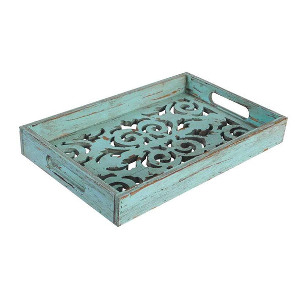 Decorative Scroll Carved Turquoise Wooden Tray Tray