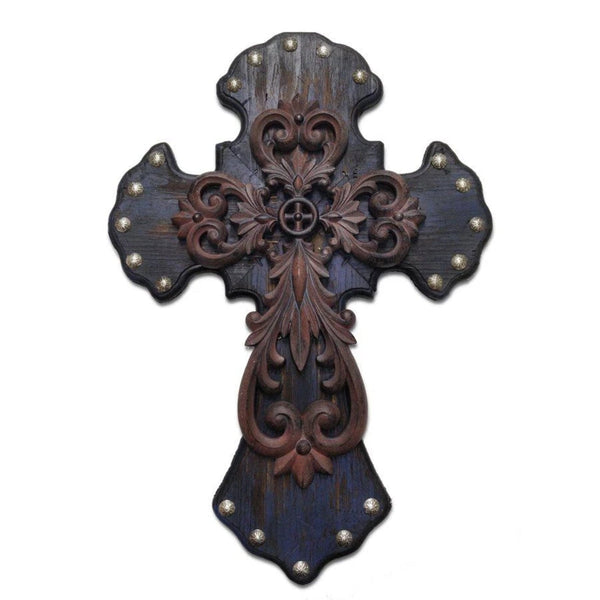 Deep Blue Studded Cross Wall Art w/ Metal Overlay Wall Decor